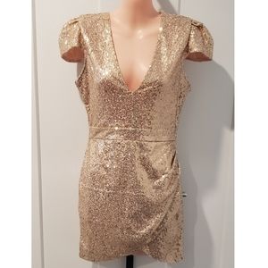 Gold Sequined V-Neck Wrap Front Mini Dress